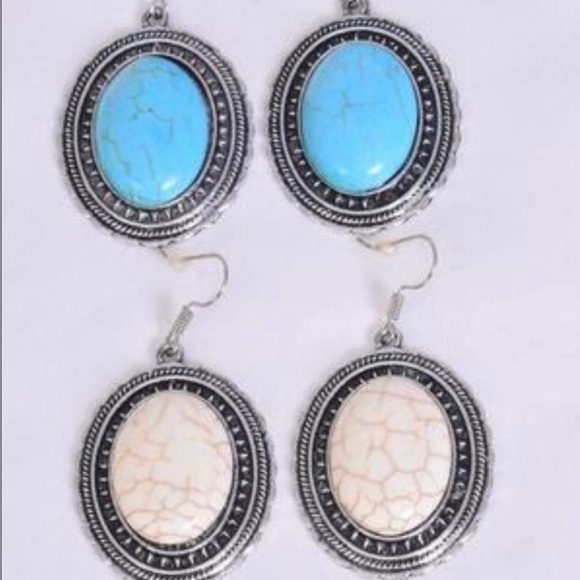 WOMEN’S Vintage Oval Cabochon Semiprecious Metal Earrings Silvertone - Picture 11 of 14